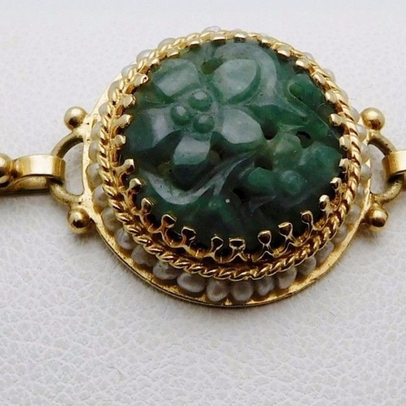 Rare CHINESE Solid 14k Yellow Gold / Carved Jade / Pearls Ladies Bracelet - Picture 2 of 6